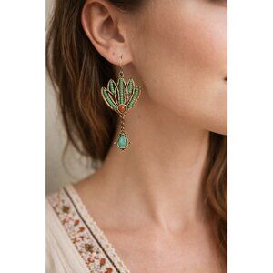 Boho Cactus Dangle/Drop Earrings Green & Red Beaded Brass Southwestern Festival